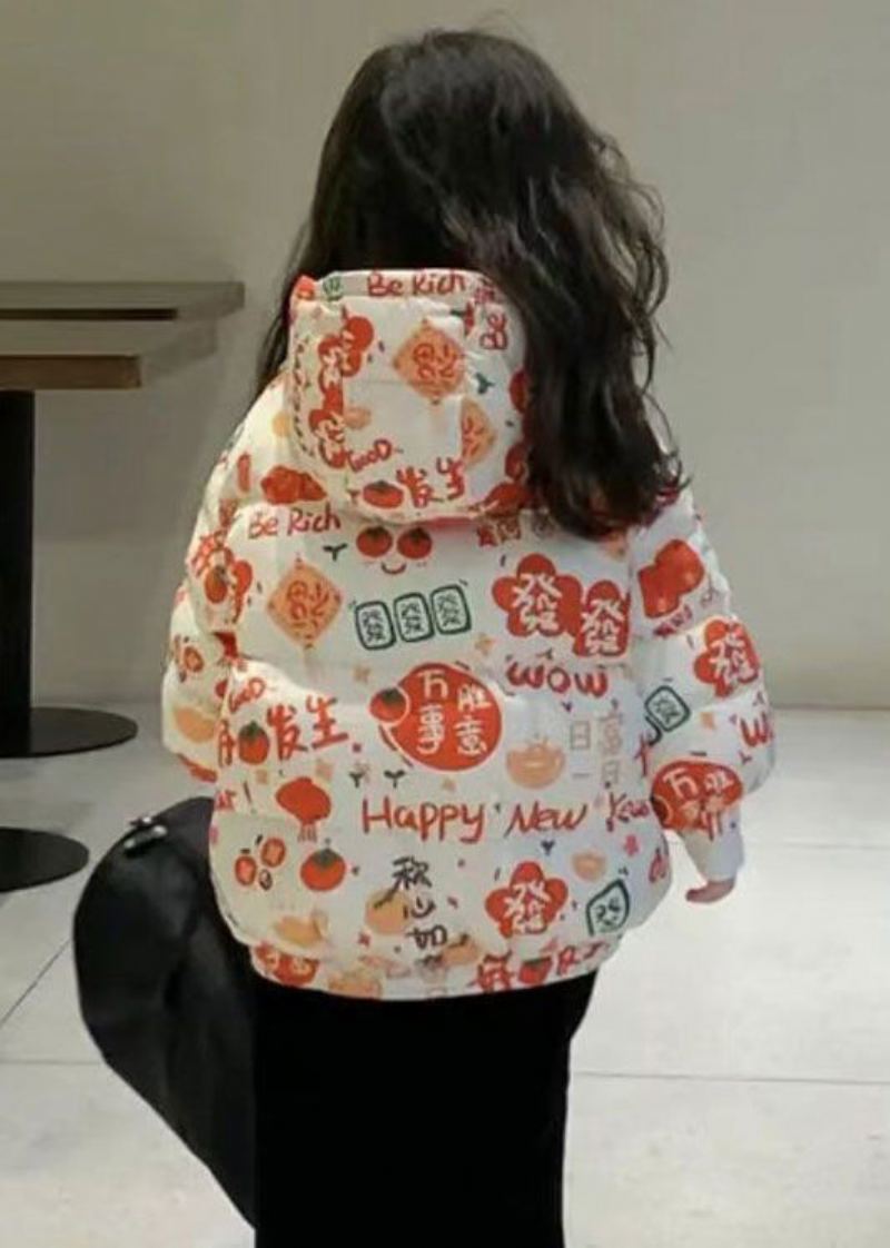 Parka D'hiver Pour Filles Avec Poches Imprimées À Capuche Orange Élégantes Remplie De Coton - Doudounes femmes