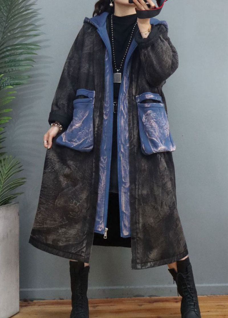 Parka D'hiver Noire Avec Poches En Patchwork Et Fermeture Éclair Remplie De Coton Fin Diy - Bleu