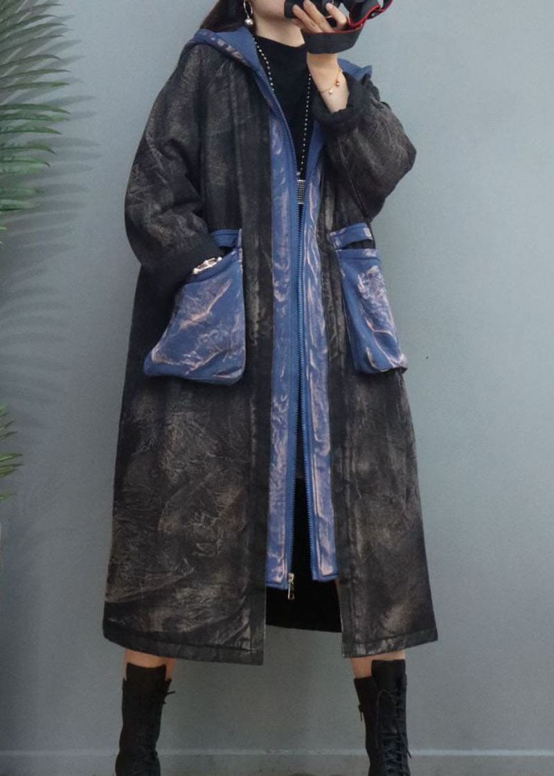 Parka D'hiver Noire Avec Poches En Patchwork Et Fermeture Éclair Remplie De Coton Fin Diy - Bleu