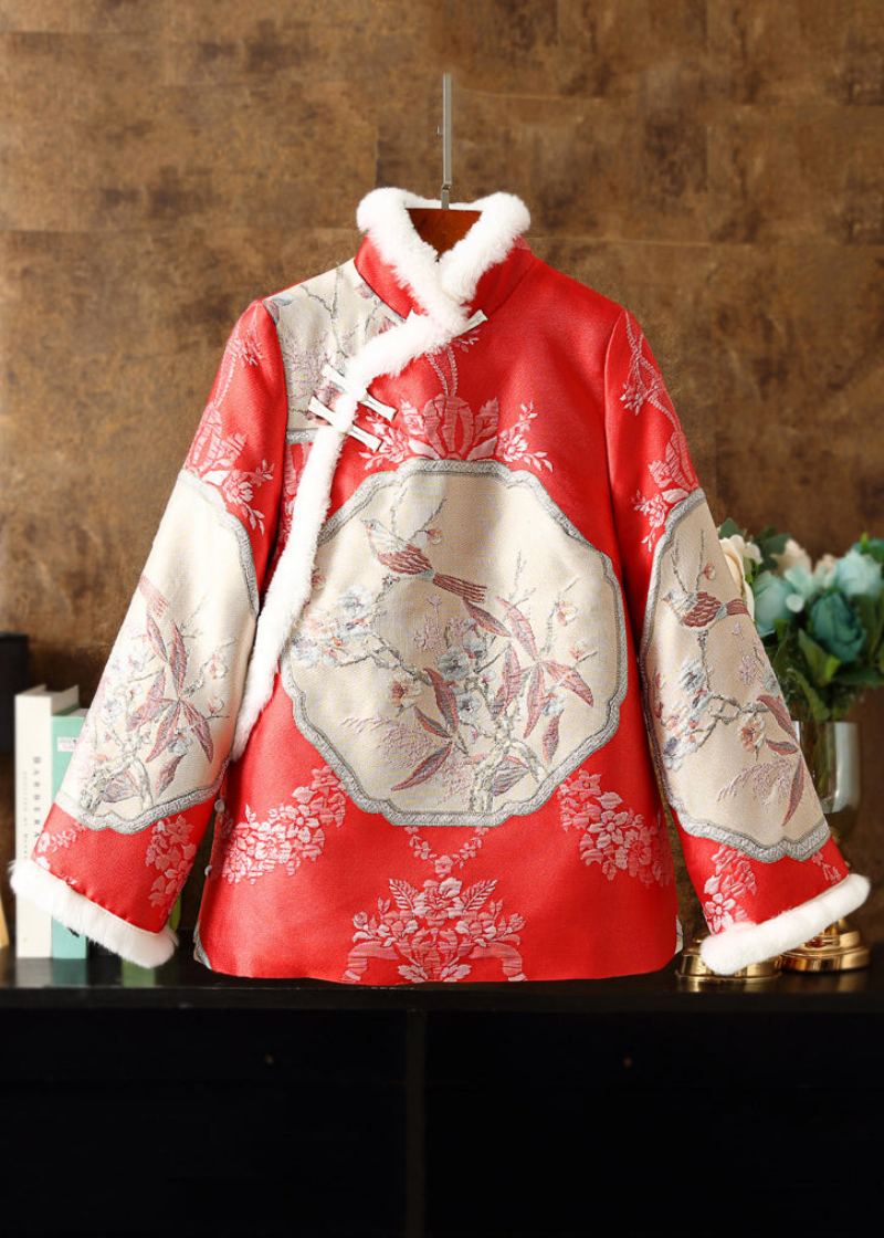 Parka D'hiver En Patchwork Brodé Avec Col En Fourrure Rouge De Style Chinois