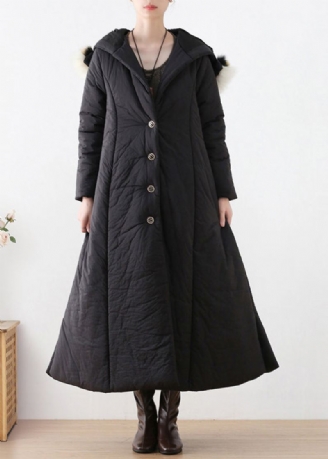 Parka Longue À Capuche Boutonnée Noire Bohème Hiver