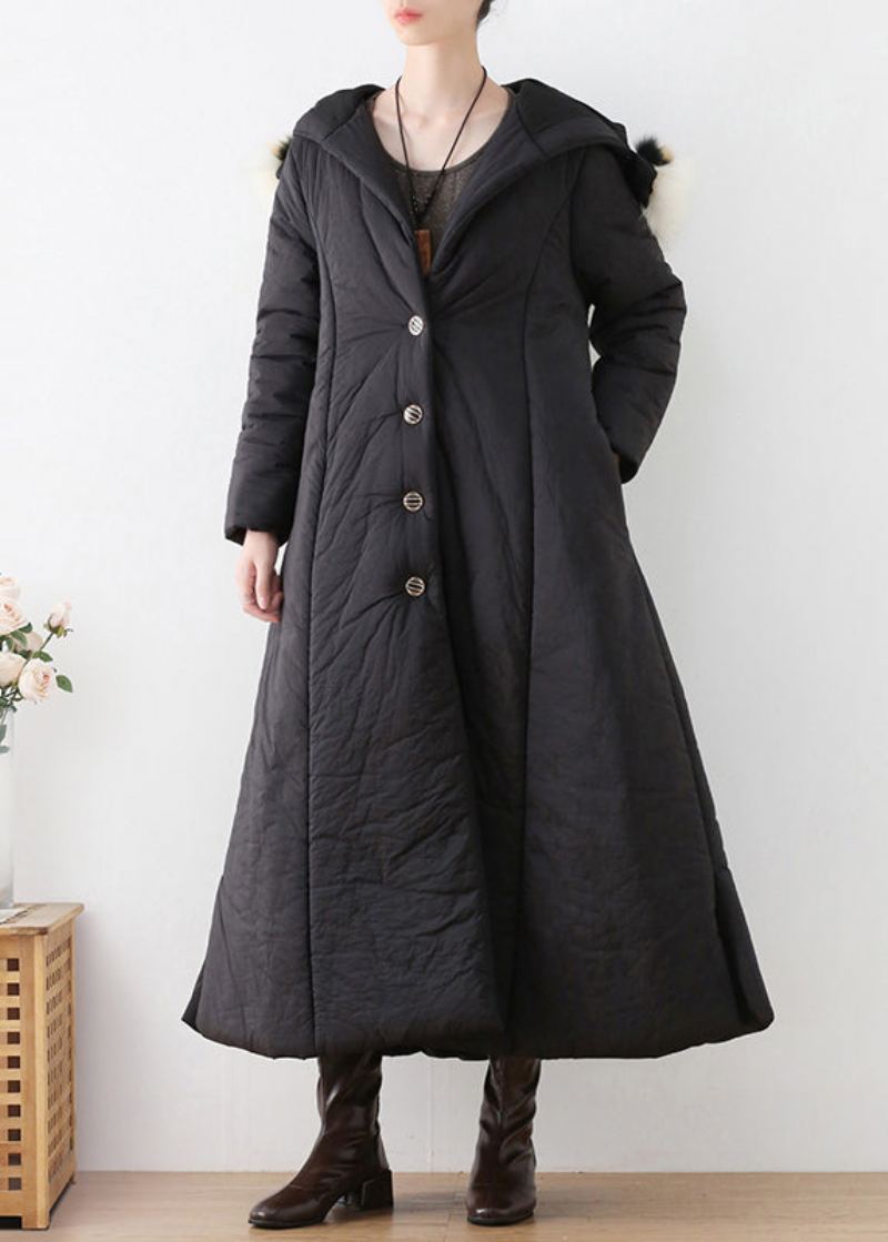 Parka Longue À Capuche Boutonnée Noire Bohème Hiver - Noir