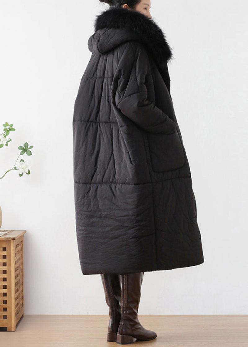 Parka Longue À Capuche Épaisse Avec Col En Fourrure Noire Ample Hiver - Noir