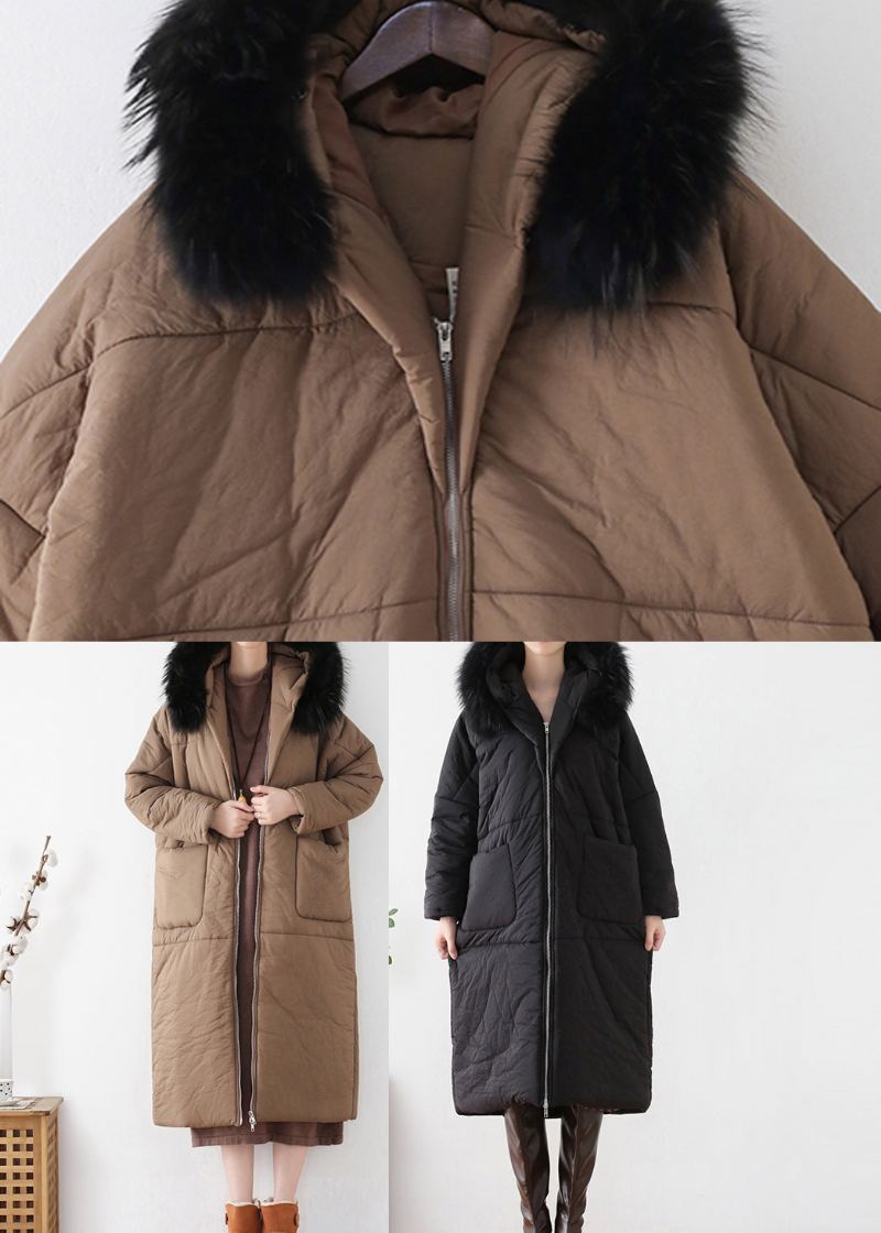 Parka Longue À Capuche Épaisse Avec Col En Fourrure Noire Ample Hiver - Noir