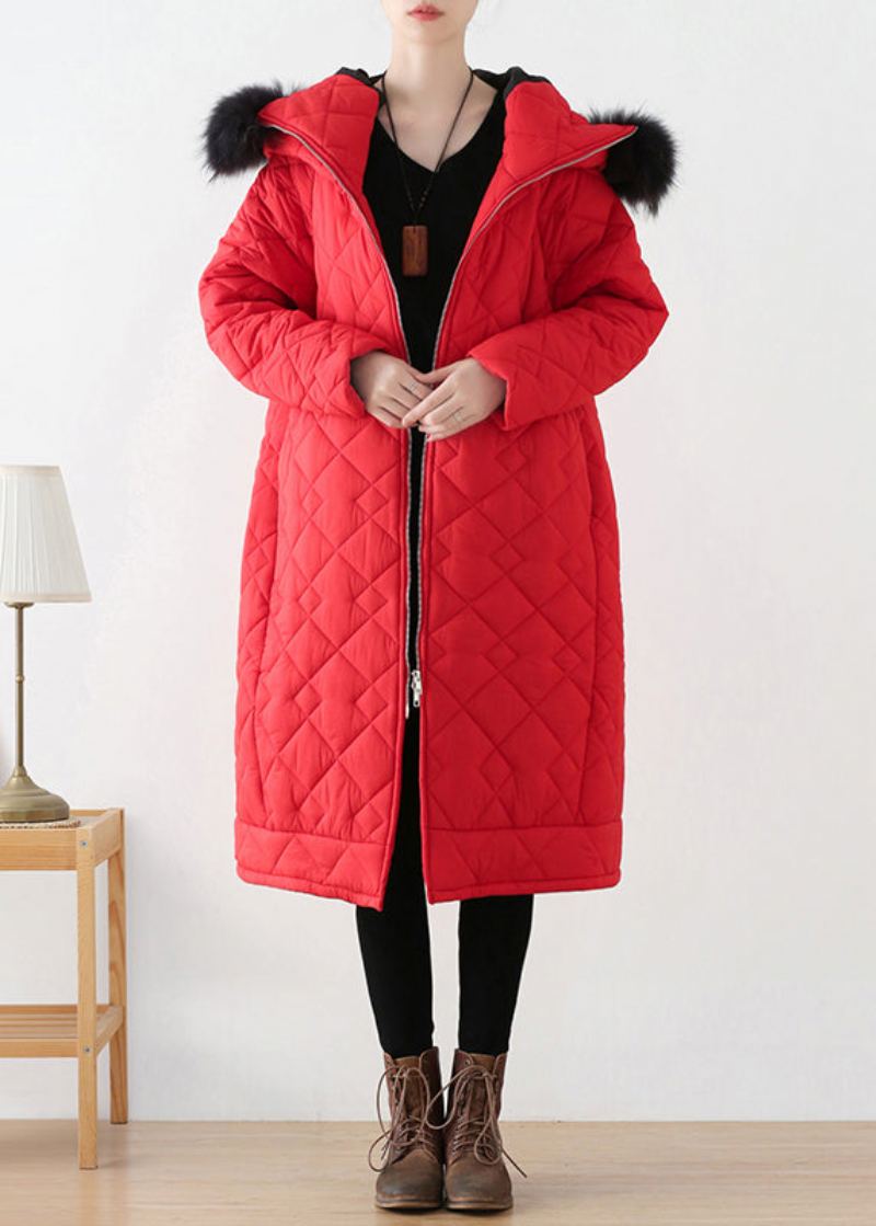 Parka Longue À Capuche Épaisse Avec Fermeture Éclair Rouge De Grande Taille Pour L'hiver