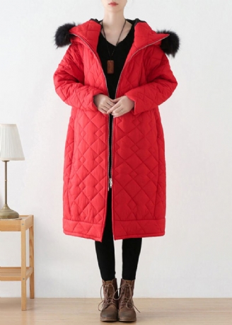 Parka Longue À Capuche Épaisse Avec Fermeture Éclair Rouge De Grande Taille Pour L'hiver