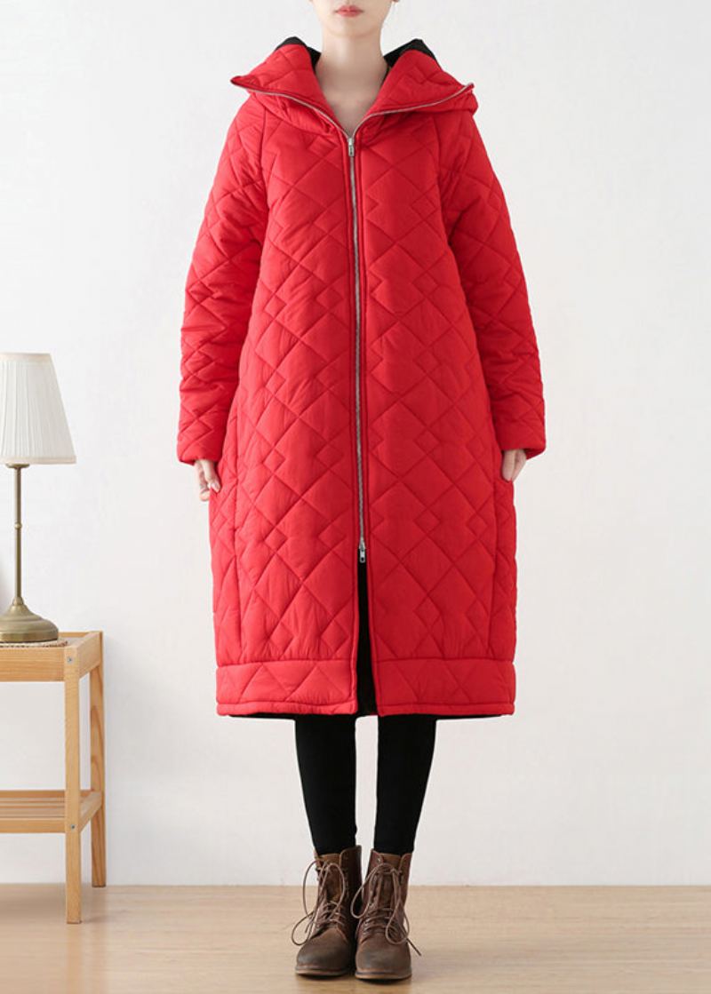 Parka Longue À Capuche Épaisse Avec Fermeture Éclair Rouge De Grande Taille Pour L'hiver - Rouge