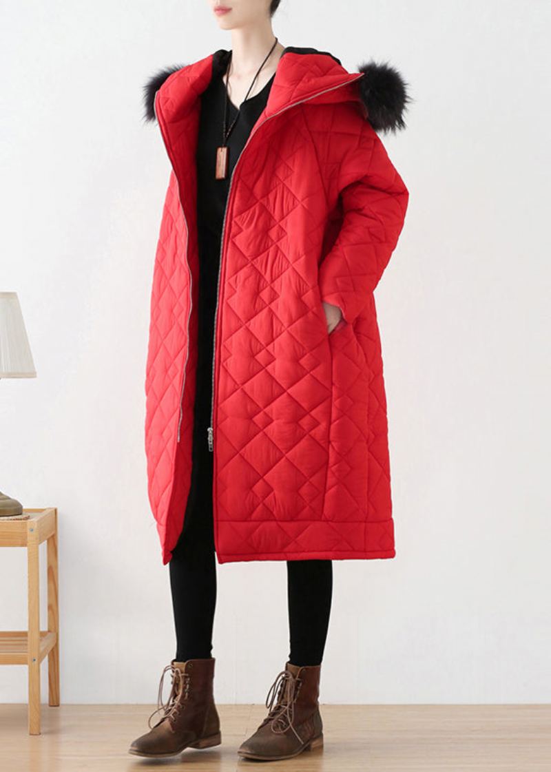 Parka Longue À Capuche Épaisse Avec Fermeture Éclair Rouge De Grande Taille Pour L'hiver - Rouge