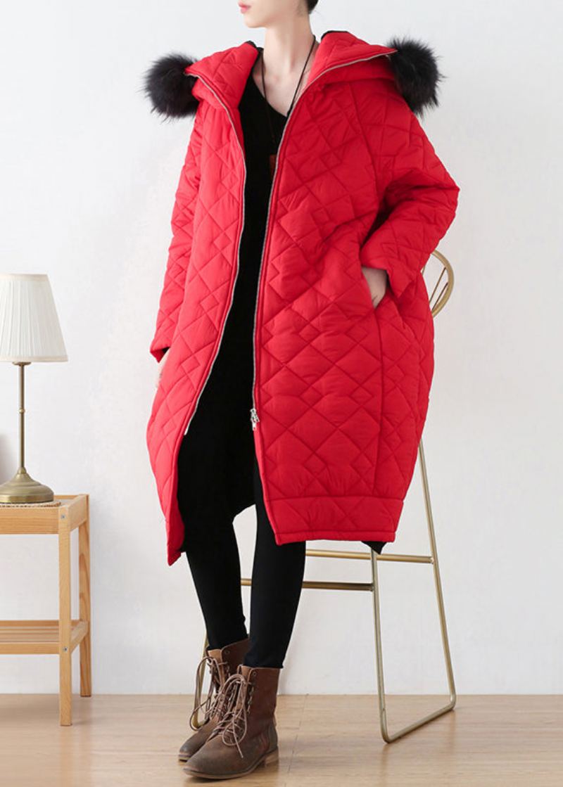 Parka Longue À Capuche Épaisse Avec Fermeture Éclair Rouge De Grande Taille Pour L'hiver - Rouge