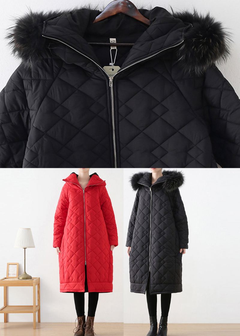 Parka Longue À Capuche Épaisse Avec Fermeture Éclair Rouge De Grande Taille Pour L'hiver - Rouge