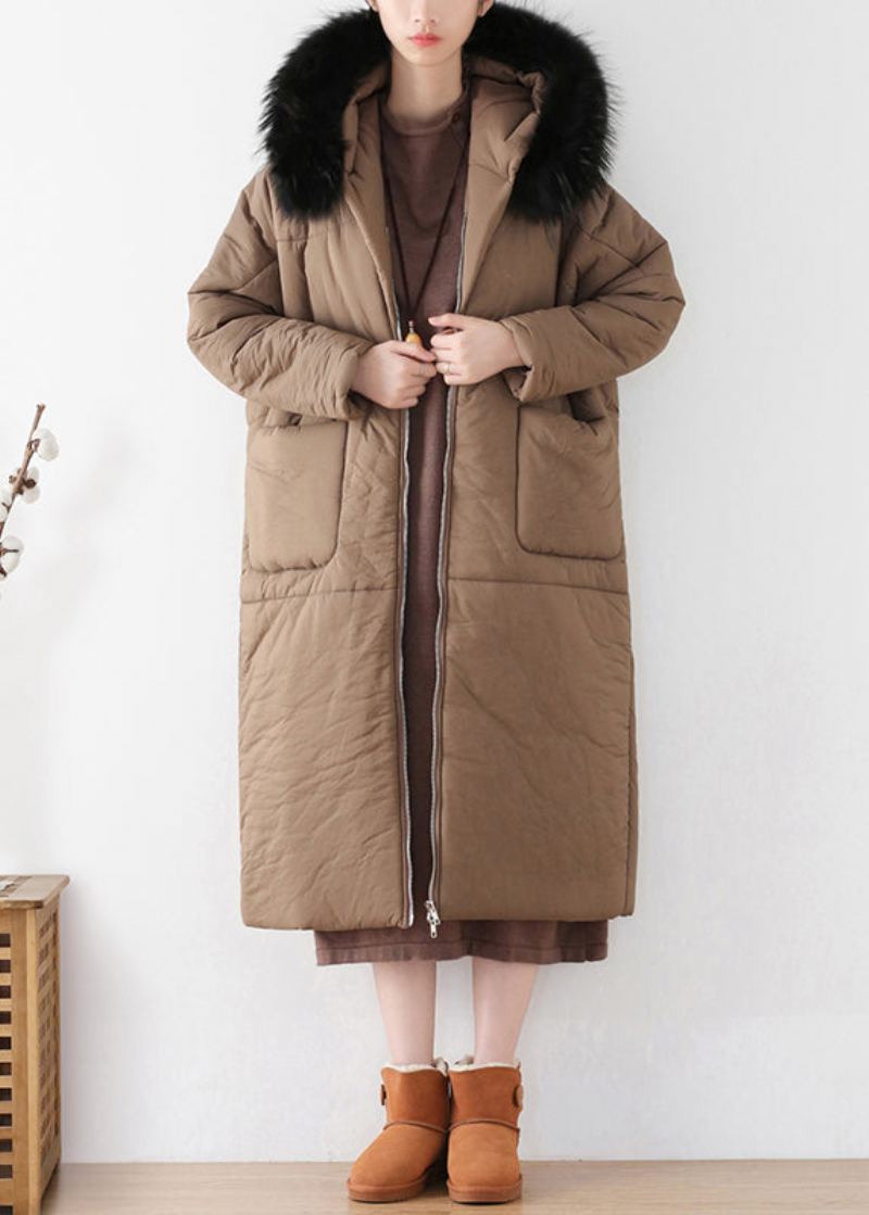 Parka Longue À Capuche Épaisse Zippée Chocolat Hiver - Café