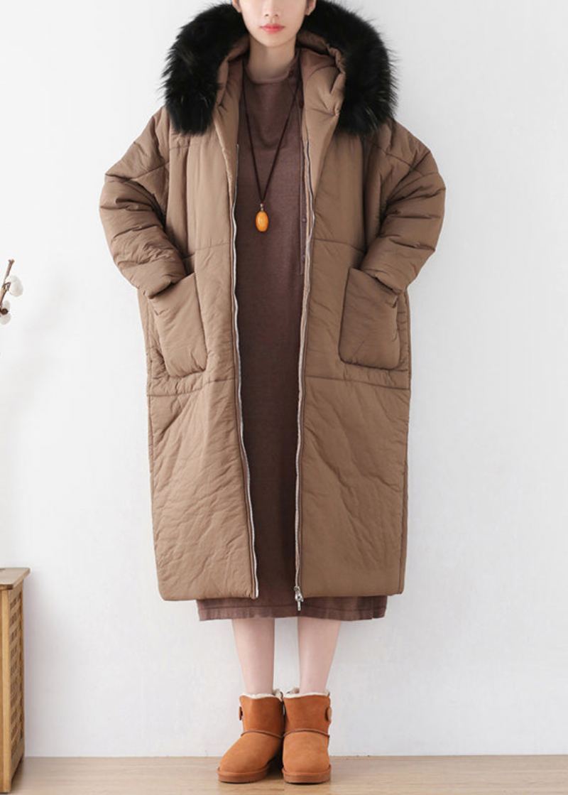 Parka Longue À Capuche Épaisse Zippée Chocolat Hiver - Café