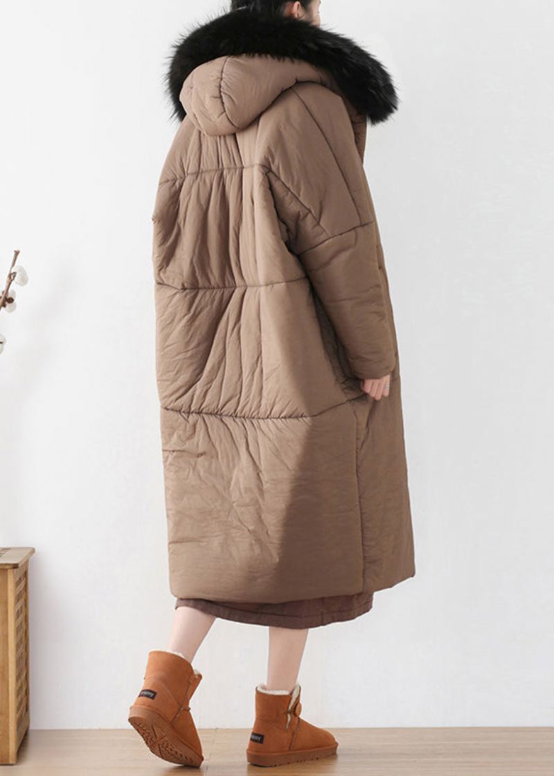 Parka Longue À Capuche Épaisse Zippée Chocolat Hiver - Café