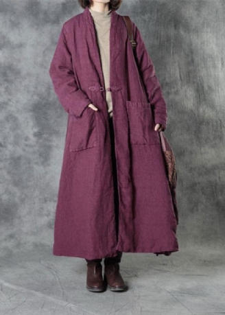 Parka À Manches Longues En Coton D'hiver Avec Poches À Boutons En Lin Violet De Luxe