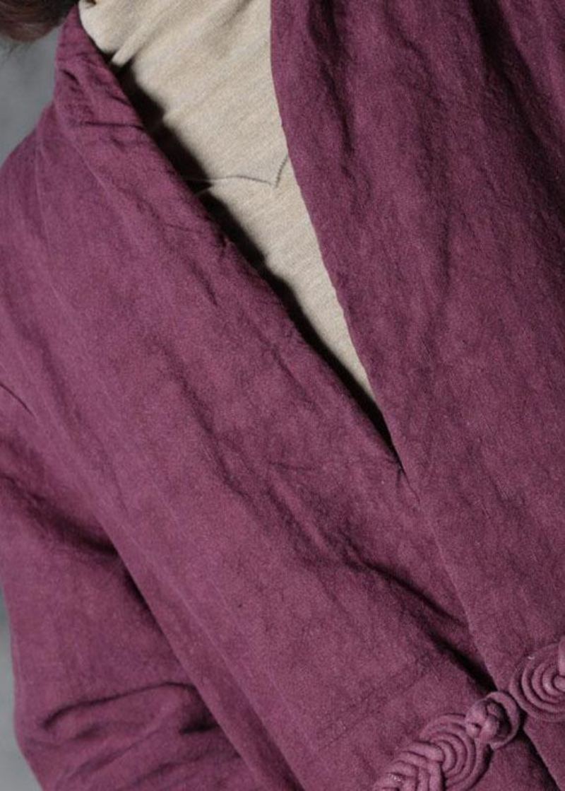 Parka À Manches Longues En Coton D'hiver Avec Poches À Boutons En Lin Violet De Luxe - Doudounes femmes