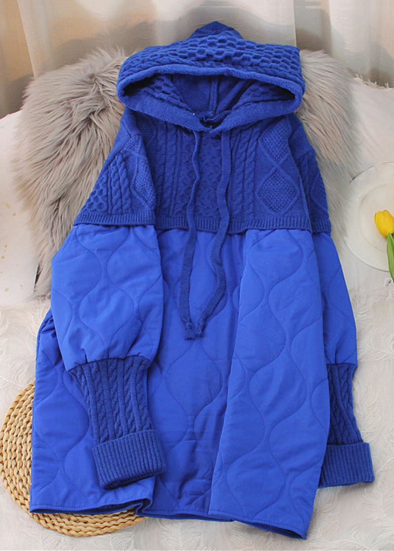 Parka Mi-longue En Tricot À Capuche Bleu Royal Ample À Manches Longues