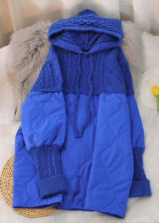 Parka Mi-longue En Tricot À Capuche Bleu Royal Ample À Manches Longues