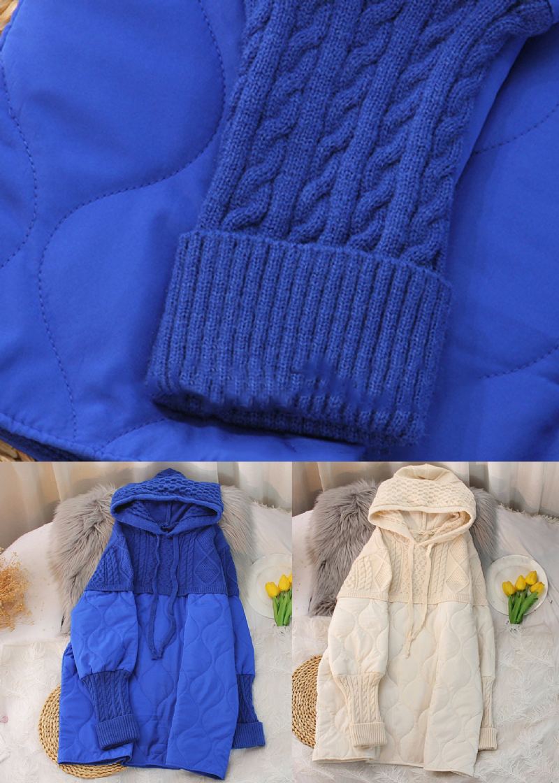 Parka Mi-longue En Tricot À Capuche Bleu Royal Ample À Manches Longues - Doudounes femmes