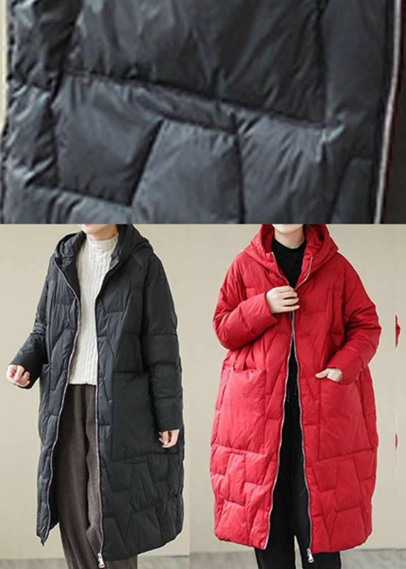 Parka Noire Ajustée Avec Poches Amples En Coton Fin Pour L'hiver - Rouge