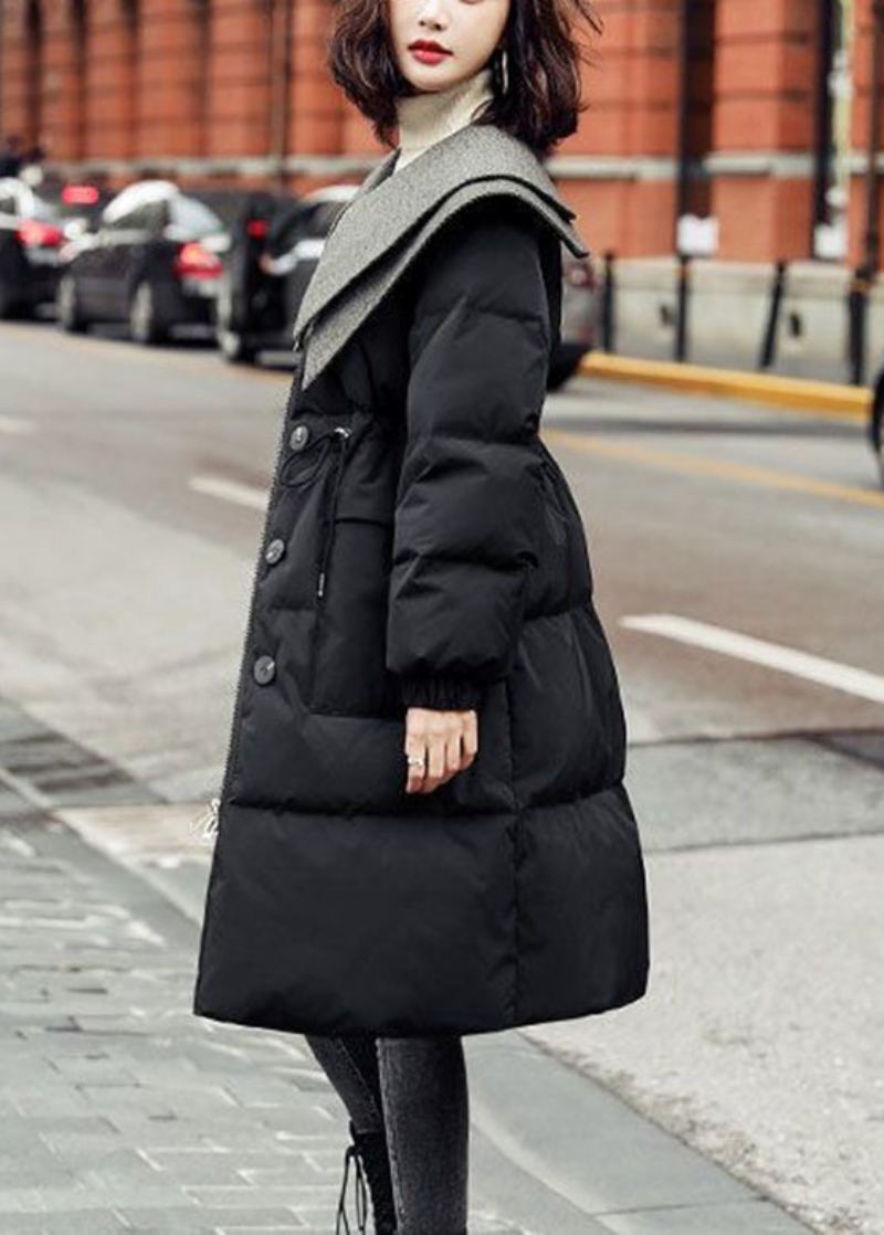 Parka Noire En Duvet De Canard Avec Cordon De Serrage Et Boutons En Patchwork Pour L'hiver - Noir