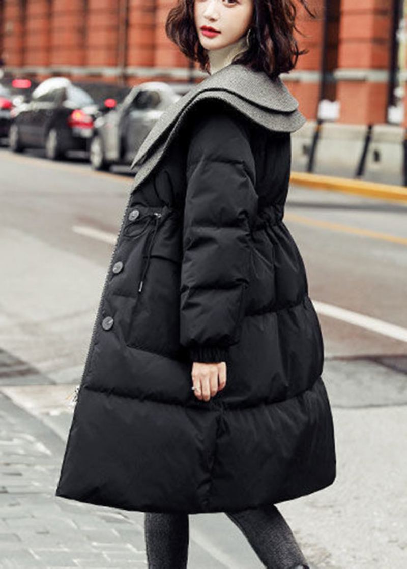 Parka Noire En Duvet De Canard Avec Cordon De Serrage Et Boutons En Patchwork Pour L'hiver - Noir