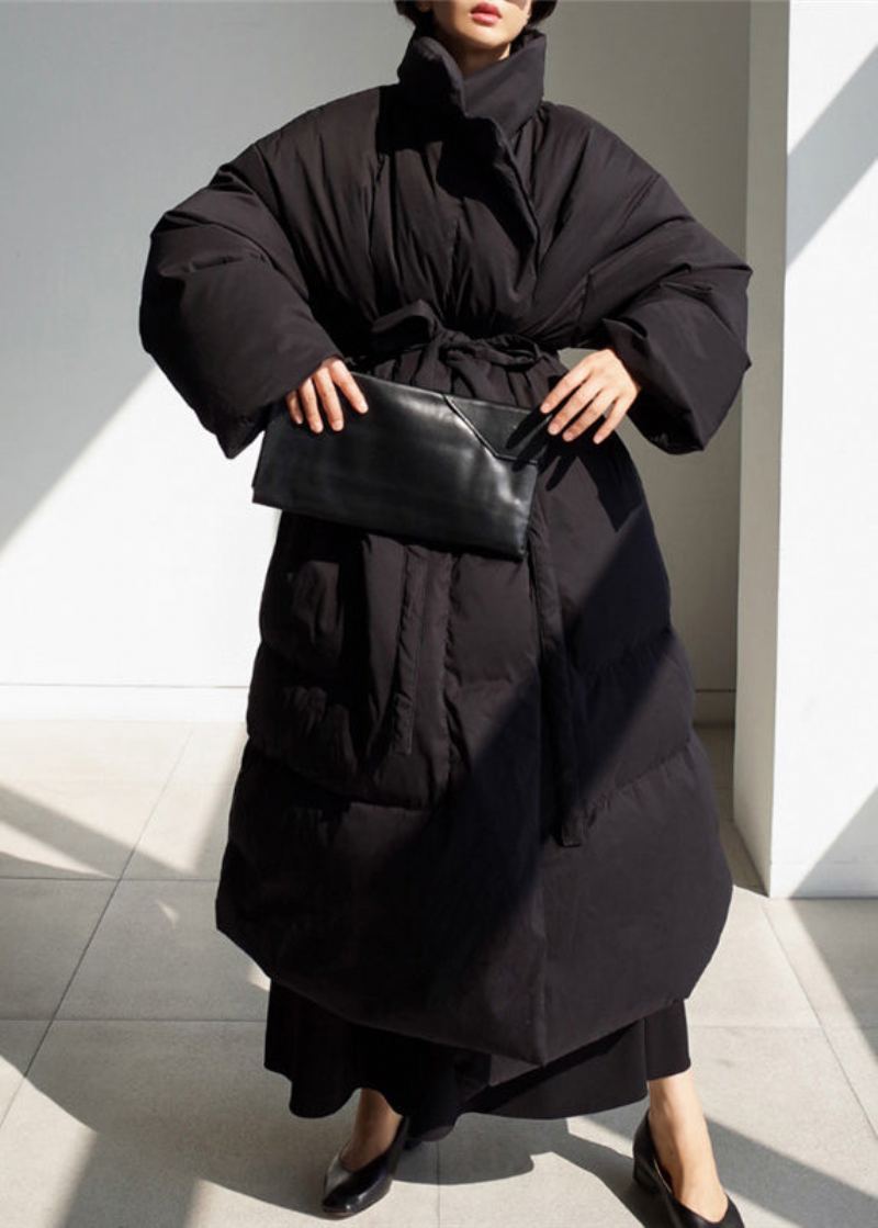 Parka Noire À Manches Longues Pour Femmes Col Montant Cravate À La Taille