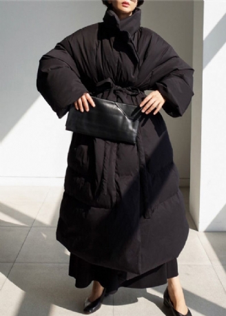 Parka Noire À Manches Longues Pour Femmes Col Montant Cravate À La Taille