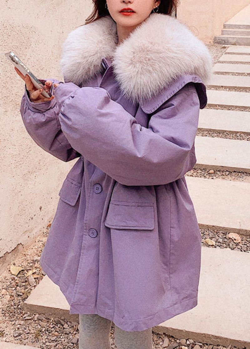 Parka Polaire Chaude Avec Col En Fourrure Violet Poches En Patchwork Boutons Bricolage Hiver