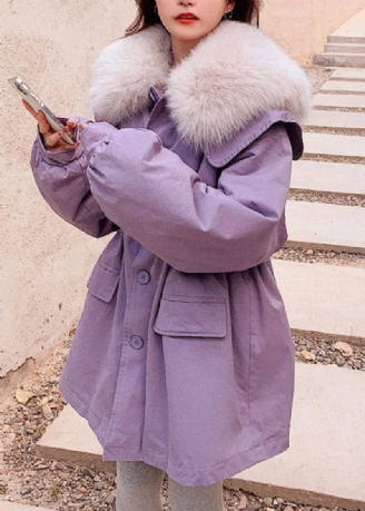 Parka Polaire Chaude Avec Col En Fourrure Violet Poches En Patchwork Boutons Bricolage Hiver