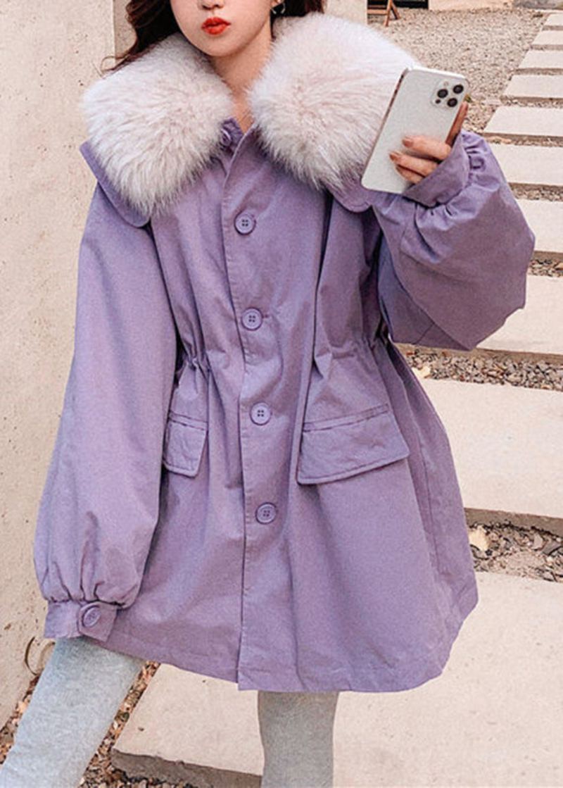 Parka Polaire Chaude Avec Col En Fourrure Violet Poches En Patchwork Boutons Bricolage Hiver - Violet