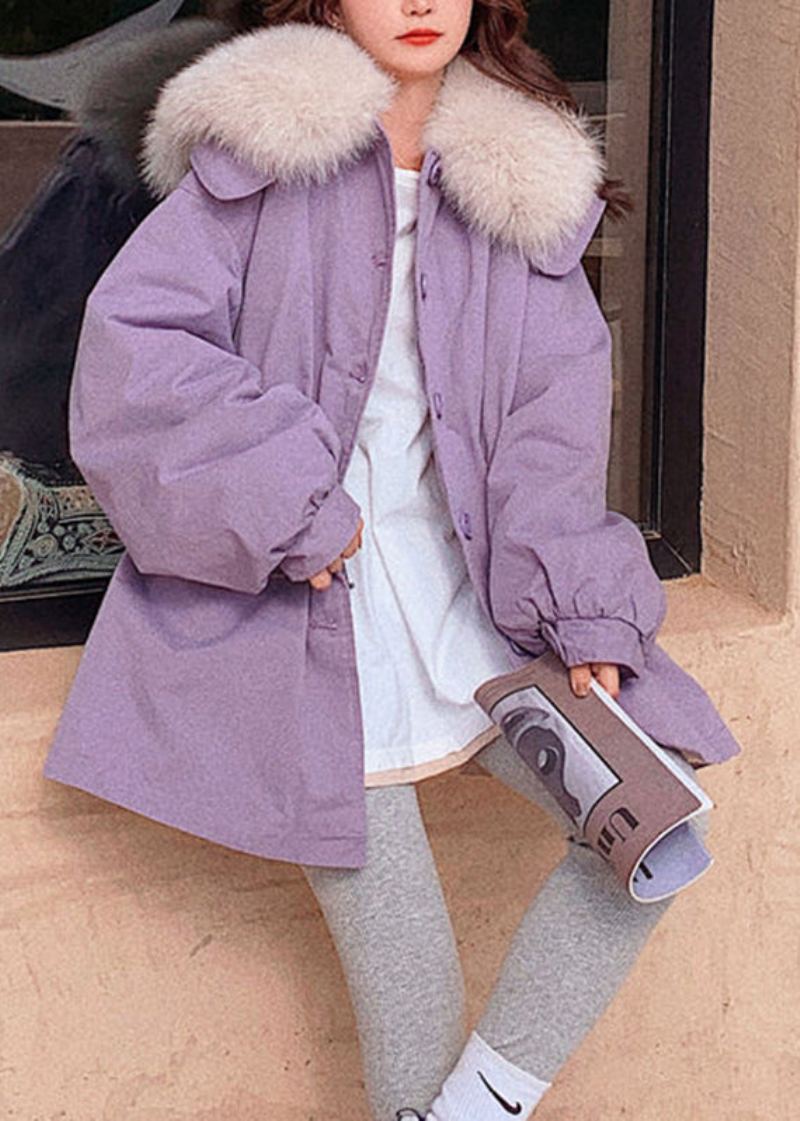 Parka Polaire Chaude Avec Col En Fourrure Violet Poches En Patchwork Boutons Bricolage Hiver - Violet