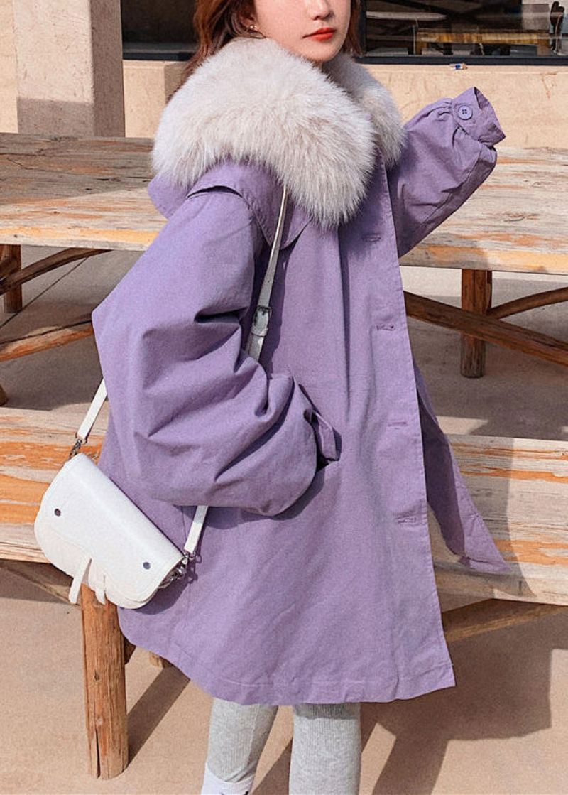 Parka Polaire Chaude Avec Col En Fourrure Violet Poches En Patchwork Boutons Bricolage Hiver - Violet