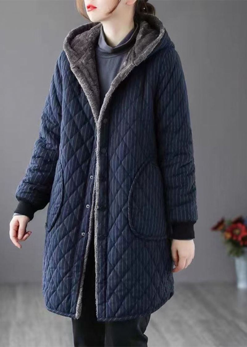 Parka Polaire Chaude Rayée À Capuche Bleu Marine Chic Hiver