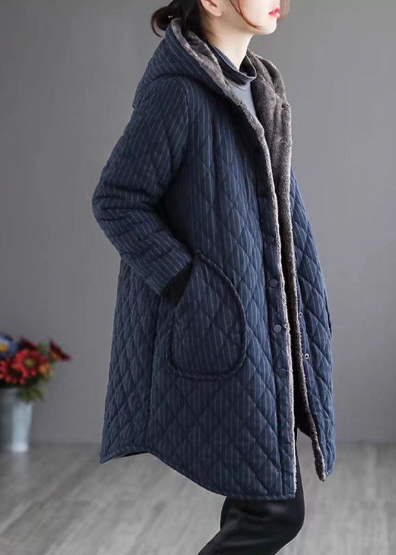 Parka Polaire Chaude Rayée À Capuche Bleu Marine Chic Hiver - Marine