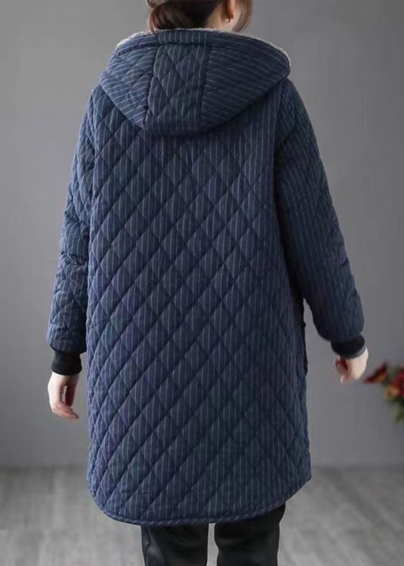 Parka Polaire Chaude Rayée À Capuche Bleu Marine Chic Hiver - Marine