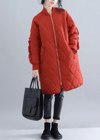 Parka Rouge Décontractée Pour Femmes Tendance Grande Taille Col Montant Vestes Manteaux De Luxe À Volants