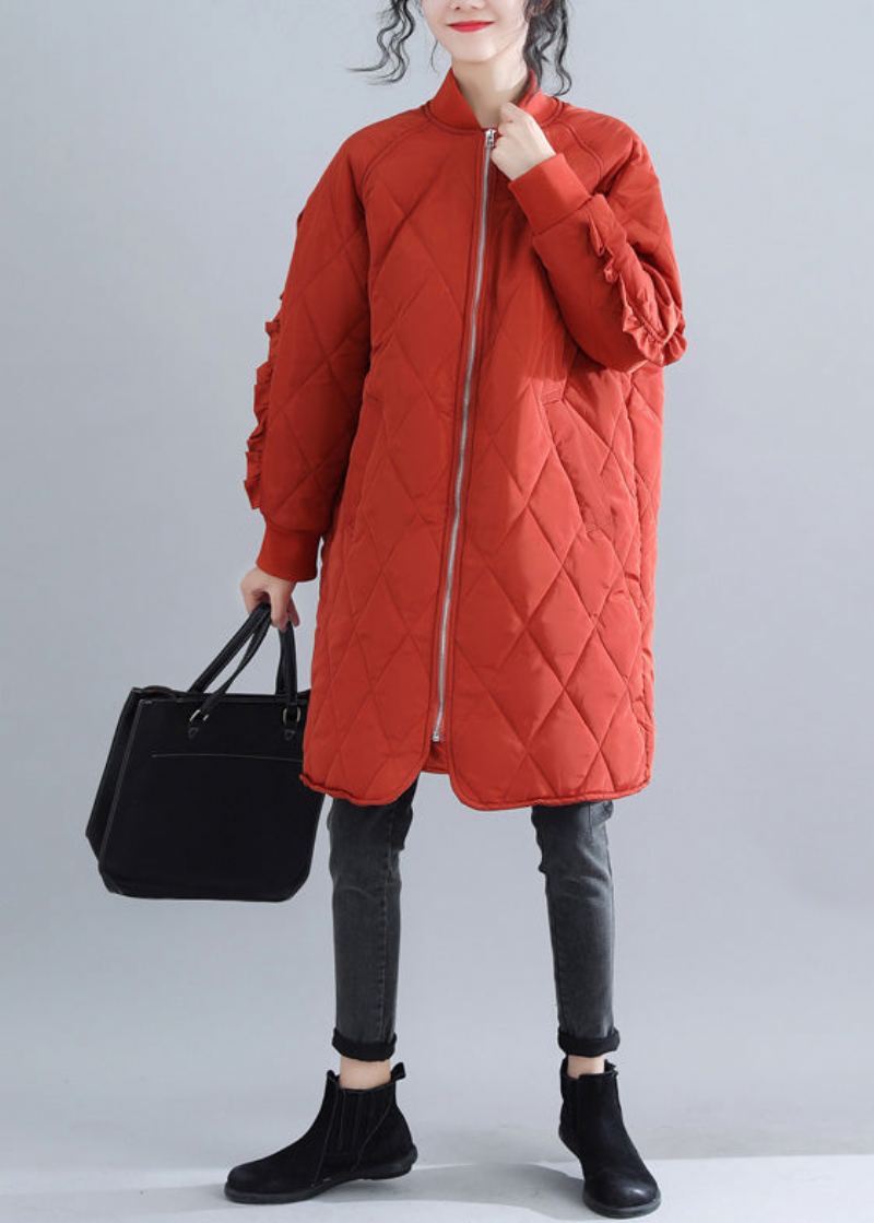 Parka Rouge Décontractée Pour Femmes Tendance Grande Taille Col Montant Vestes Manteaux De Luxe À Volants - Doudounes femmes