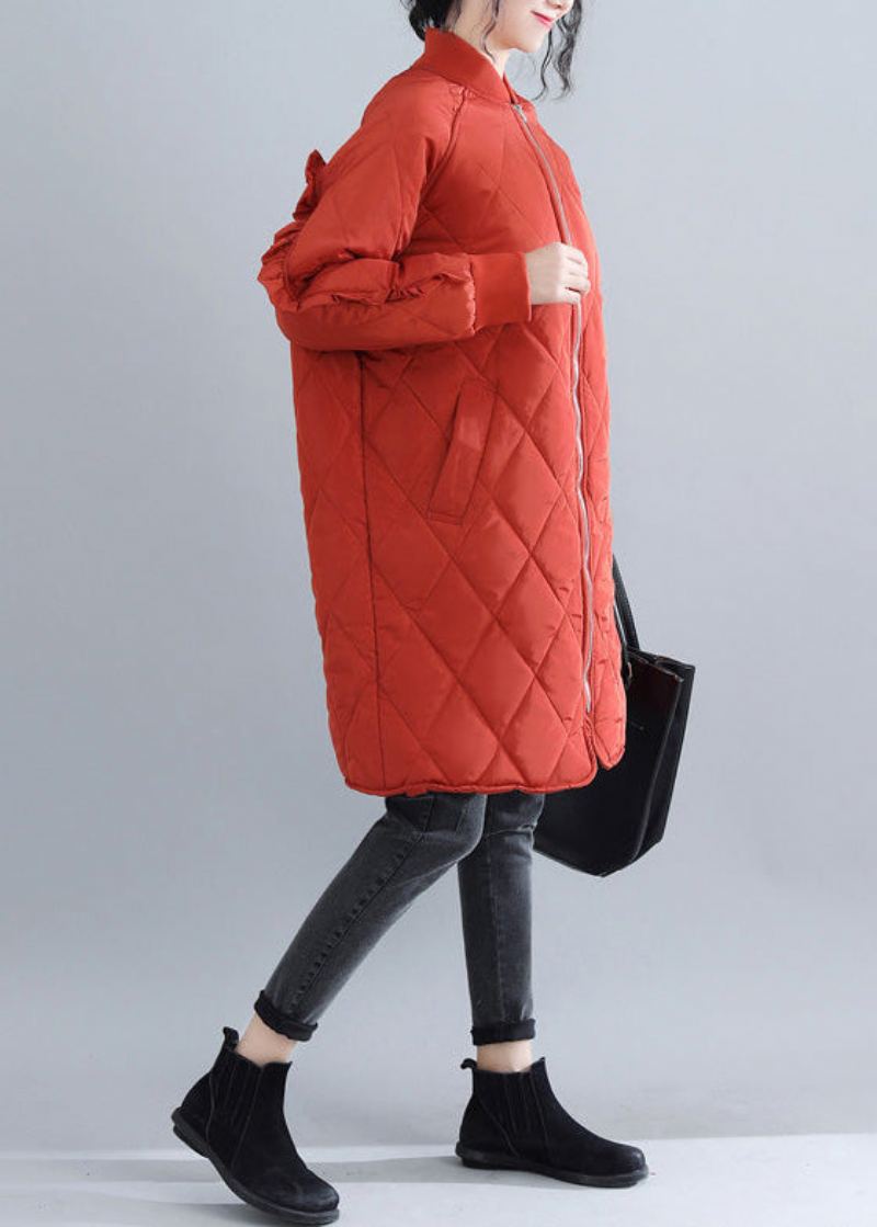 Parka Rouge Décontractée Pour Femmes Tendance Grande Taille Col Montant Vestes Manteaux De Luxe À Volants - Doudounes femmes