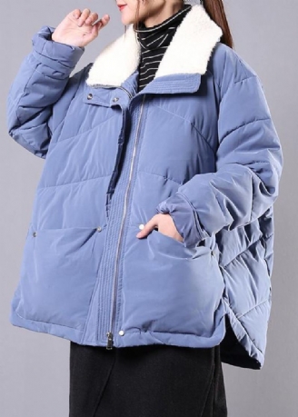 Parkas Bleus Élégants Pour Femmes Veste D'hiver Ample Poches À Revers Pardessus Zippé