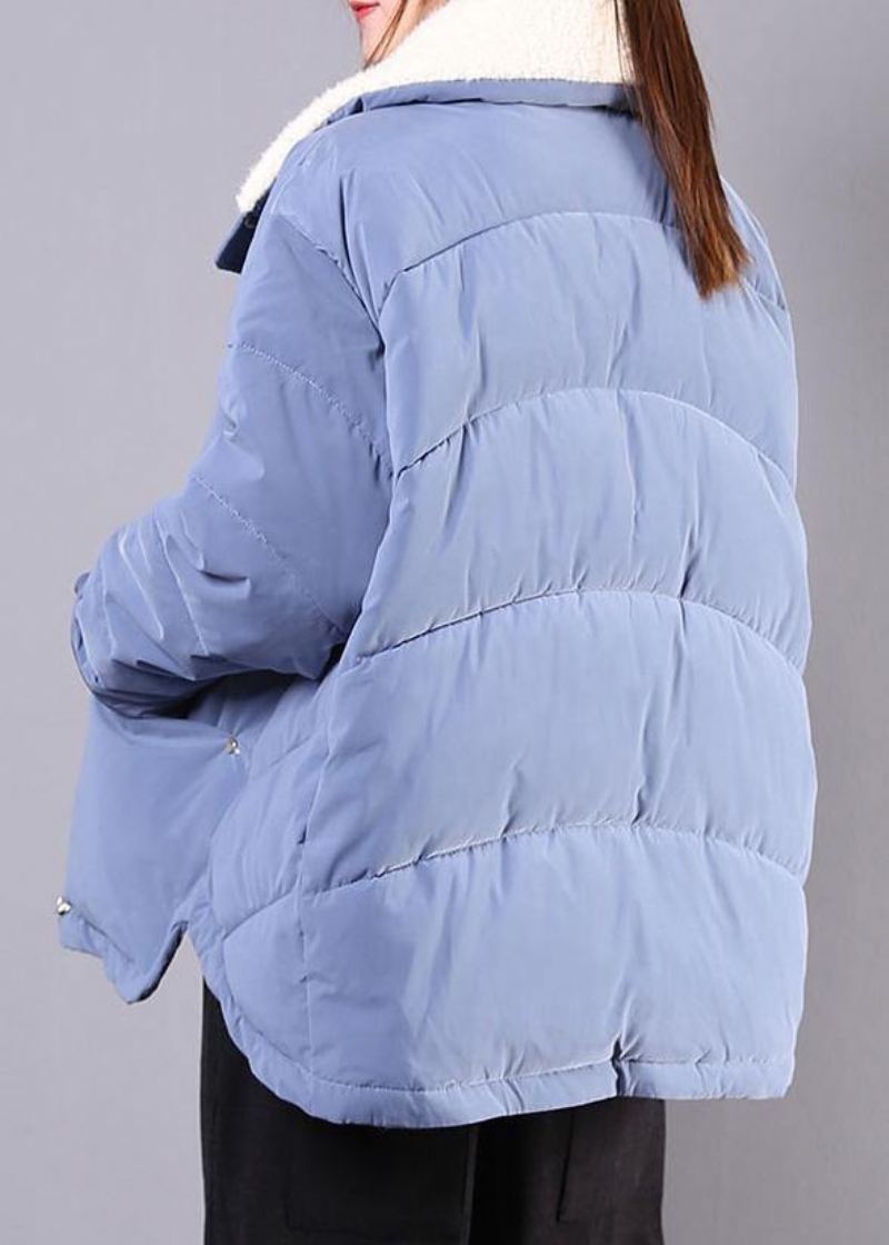 Parkas Bleus Élégants Pour Femmes Veste D'hiver Ample Poches À Revers Pardessus Zippé - Bleu