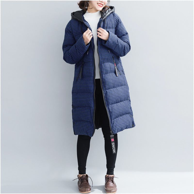 Parkas D'hiver À Carreaux Bleus Fins Vestes De Neige À Capuche Grande Taille Manteaux Épais Élégants - Doudounes femmes