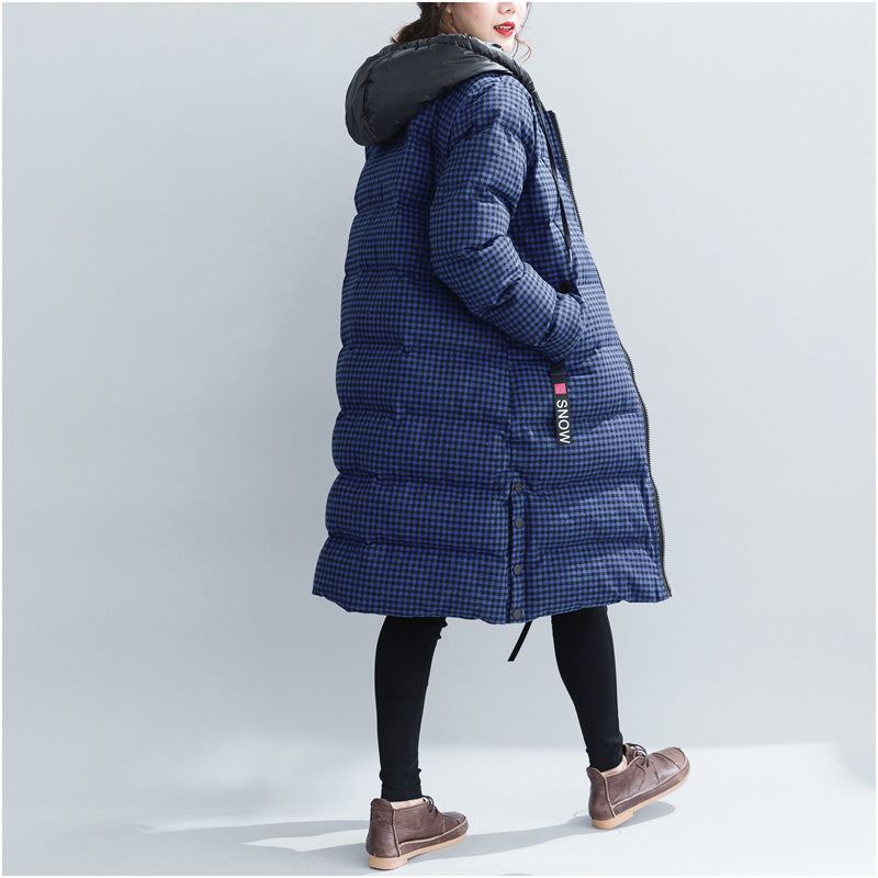 Parkas D'hiver À Carreaux Bleus Fins Vestes De Neige À Capuche Grande Taille Manteaux Épais Élégants - Doudounes femmes