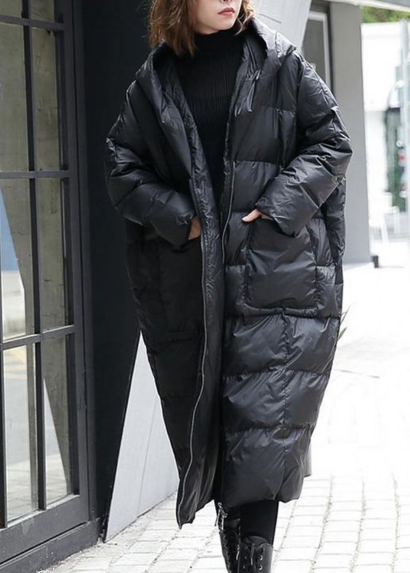 Parkas D'hiver Noires Fines Manteaux Avec Poches À Capuche Grande Taille - Noir