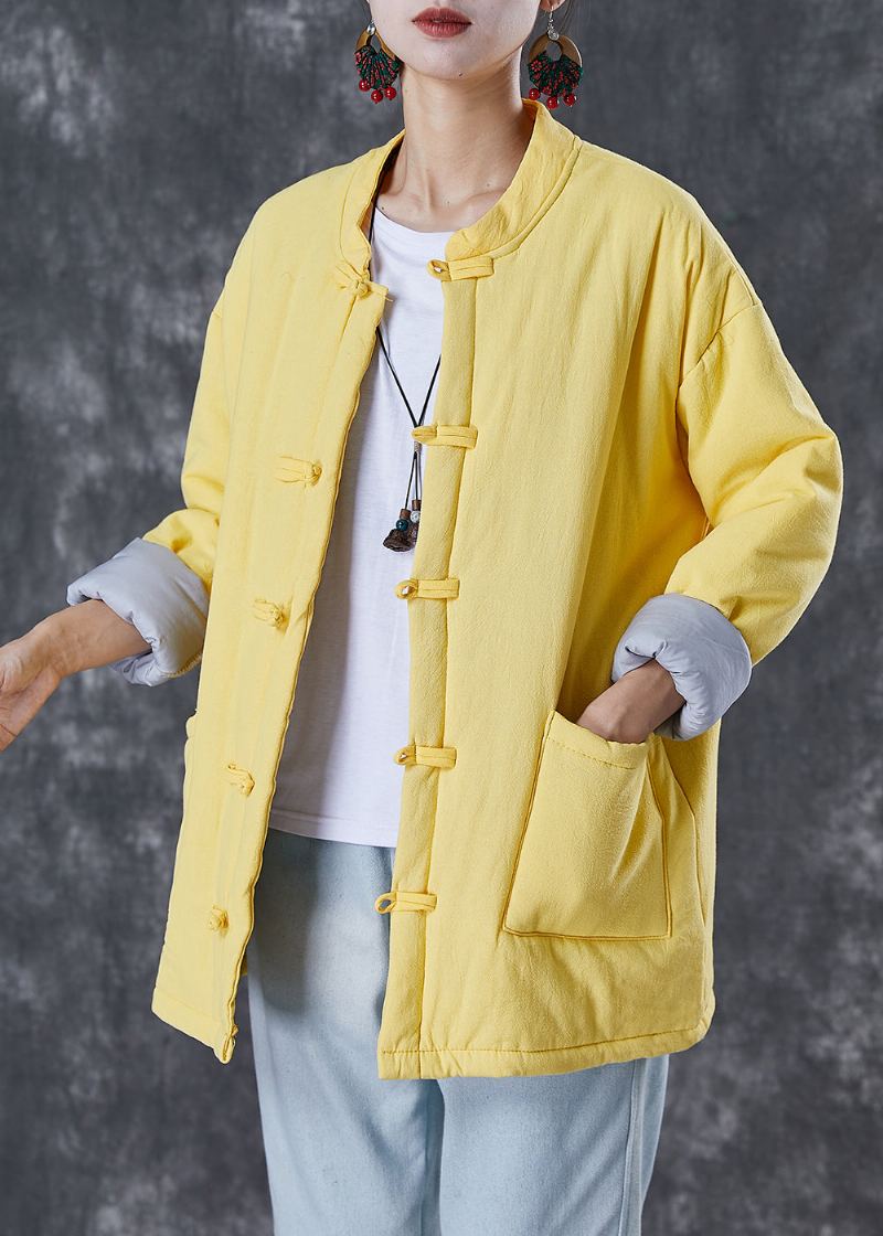 Parkas D'hiver Remplis De Coton Fin À Bouton Chinois Jaune Simple - Doudounes femmes