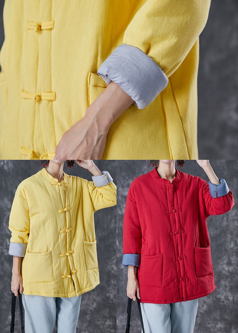 Parkas D'hiver Remplis De Coton Fin À Bouton Chinois Jaune Simple - Doudounes femmes