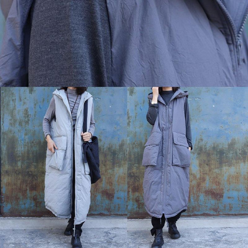 Parkas D'hiver Sans Manches Gris Clair Vestes Surdimensionnées Manteaux À Capuche Grandes Poches - Doudounes femmes