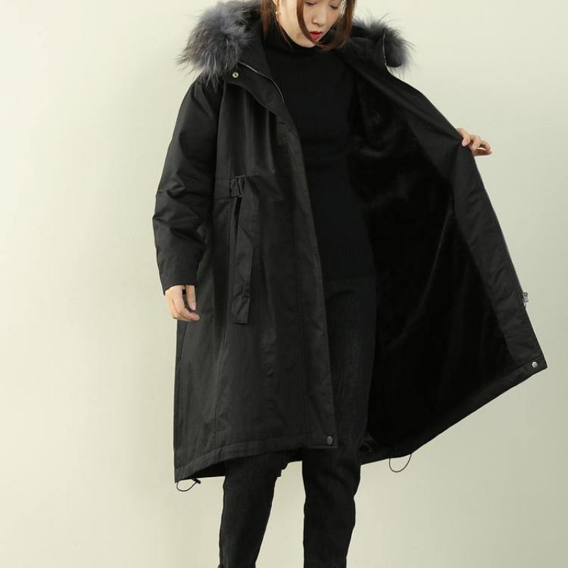 Parkas D'hiver Surdimensionnés Et Décontractés Avec Capuche Noire Et Col En Fausse Fourrure - Noir