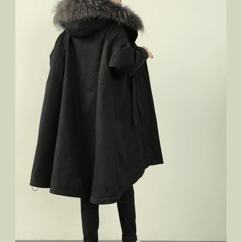 Parkas D'hiver Surdimensionnés Et Décontractés Avec Capuche Noire Et Col En Fausse Fourrure - Noir