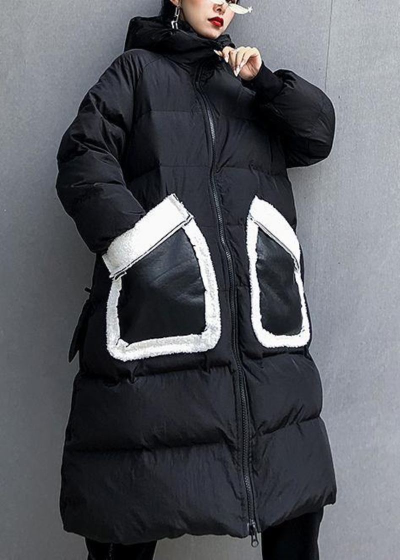 Parkas À Imprimé Noir Fin Pour Femmes Veste D'hiver Ample À Capuche Pardessus Patchwork