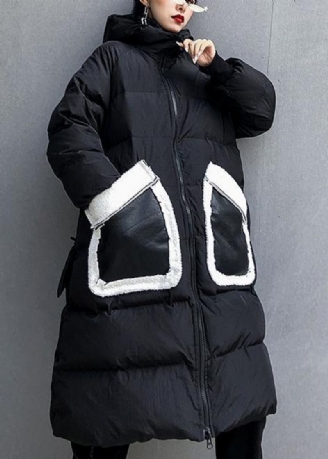 Parkas À Imprimé Noir Fin Pour Femmes Veste D'hiver Ample À Capuche Pardessus Patchwork